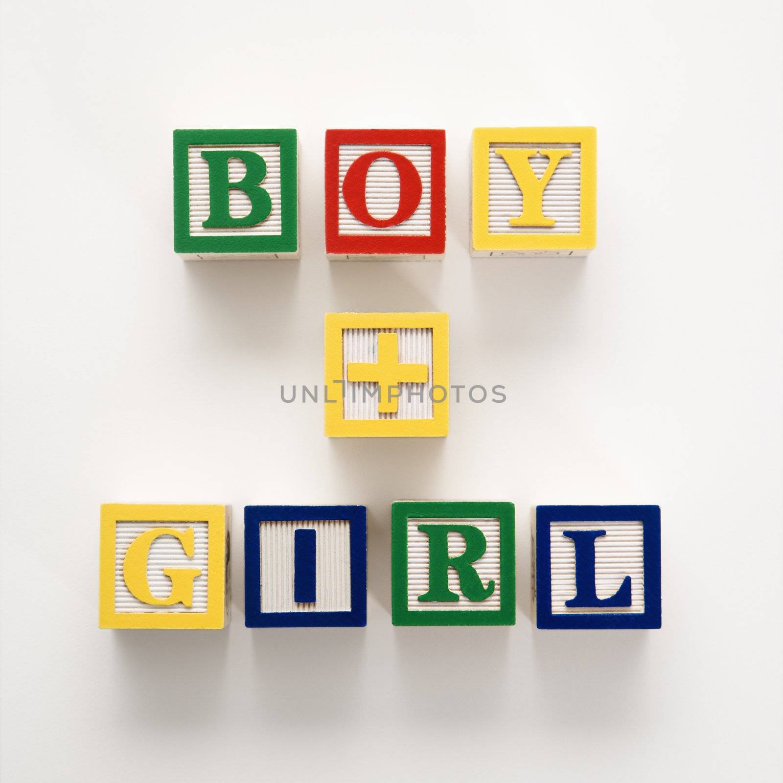 Alphabet toy building blocks spelling the words boy plus girl.