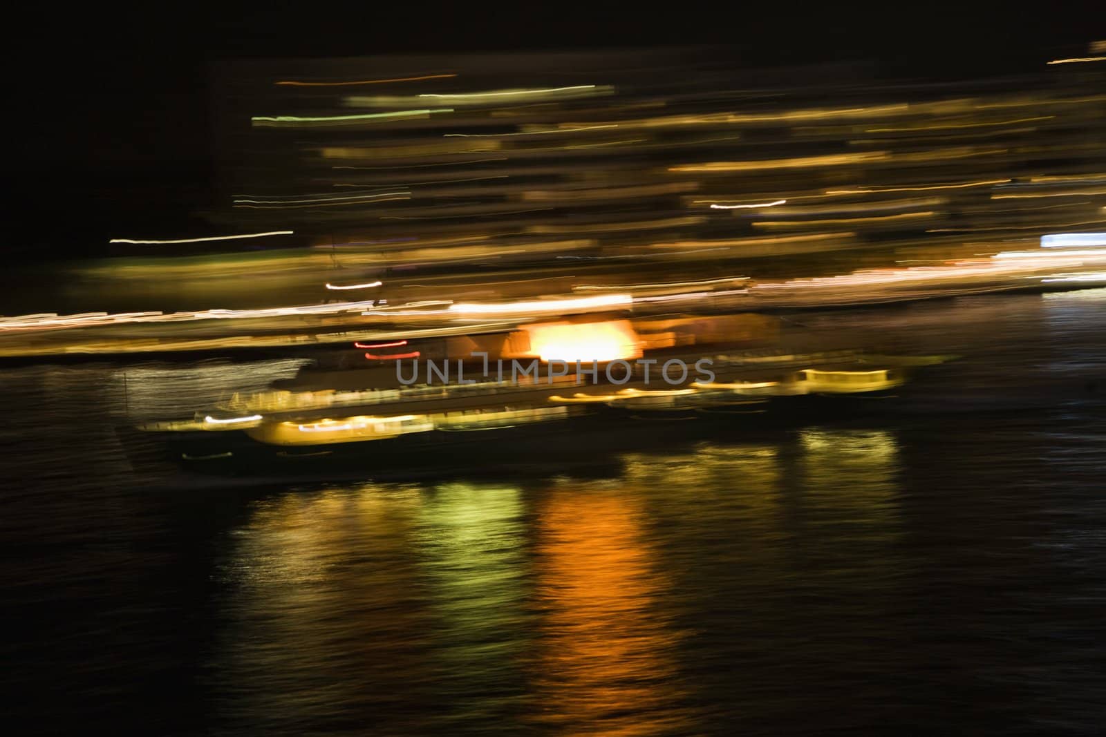 Blurred lights at night reflected on Sydney Harbour in Sydney, Australia.