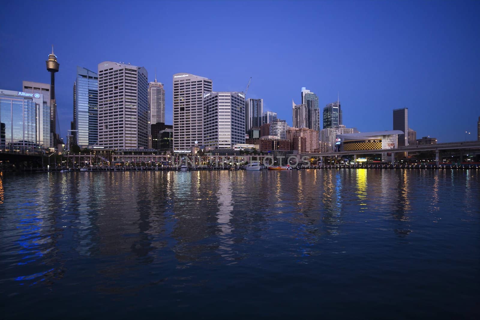 Skyscrapers and Darling Harbour at dusk in Sydney, Australia.