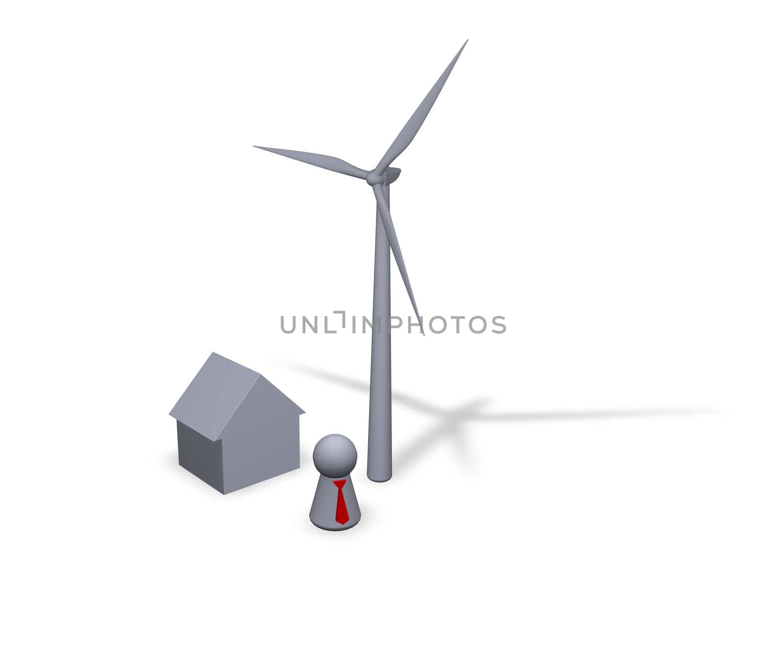 wind turbine, house and play figure with red tie