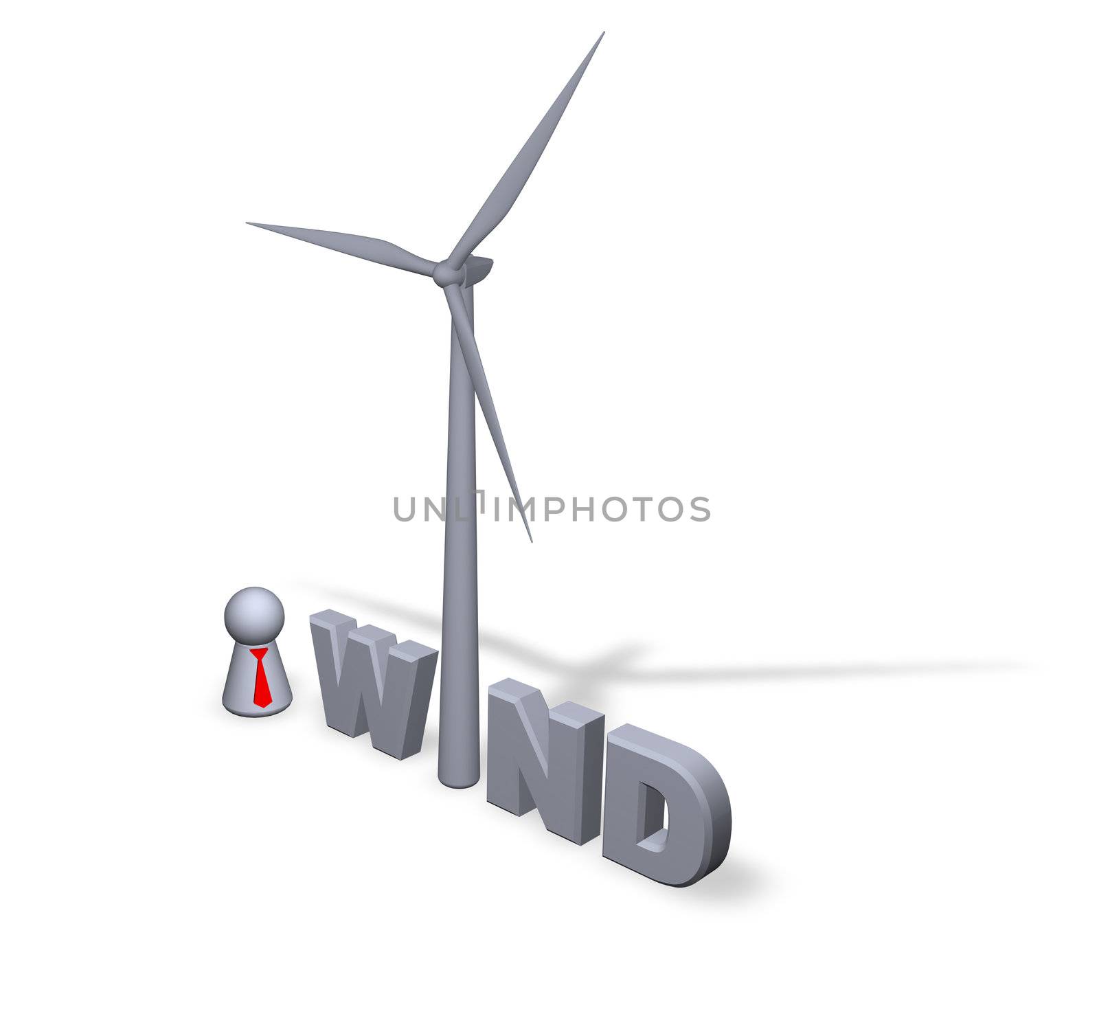 wind text in 3d, wind turbine and play figure businessman