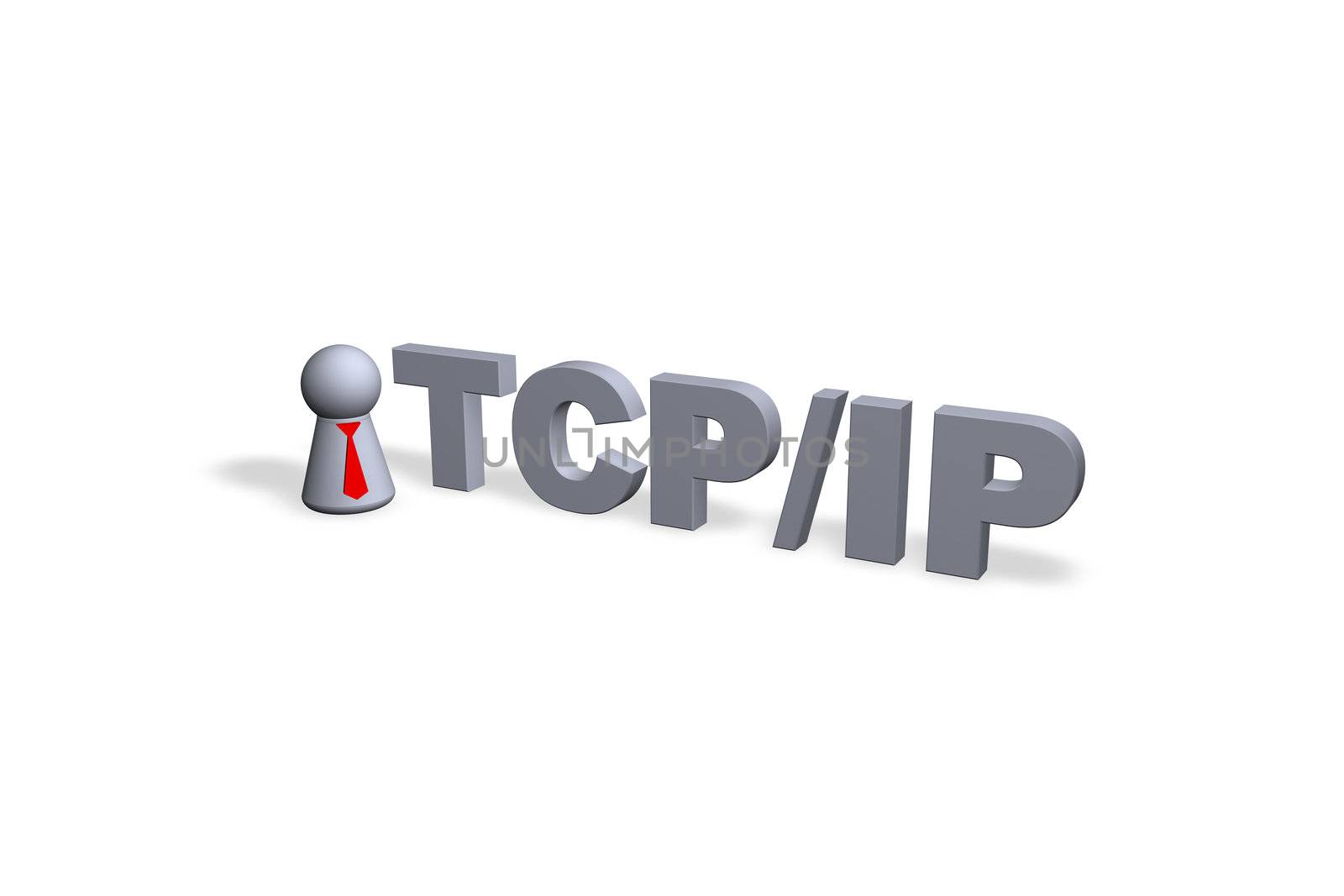 TCP/IP text in 3d and play figure with red tie