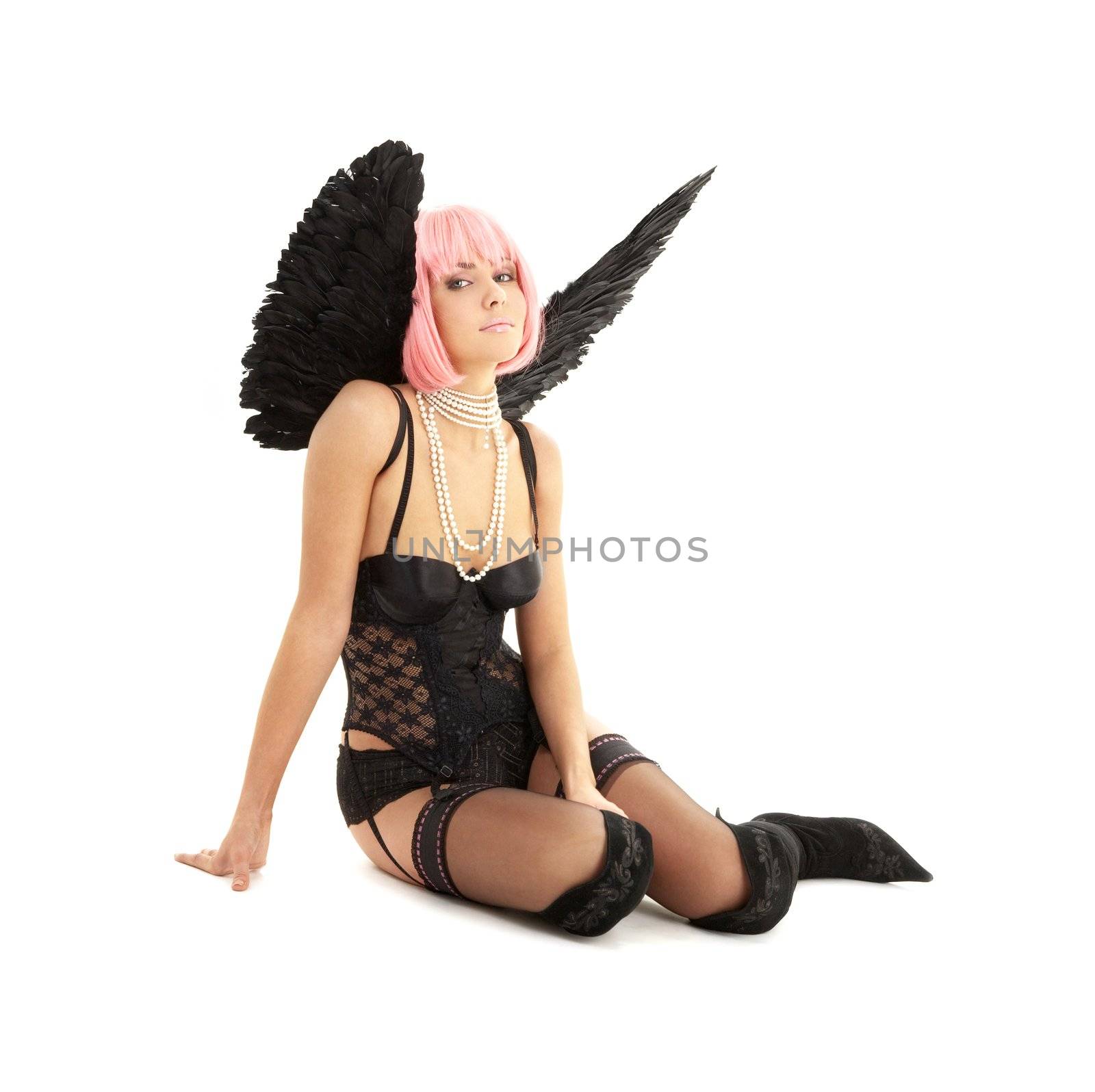 black lingerie angel with pink hair over white