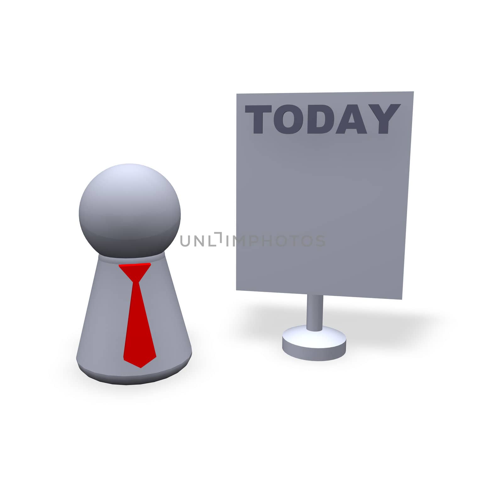 play figure with red tie and sign with today text
