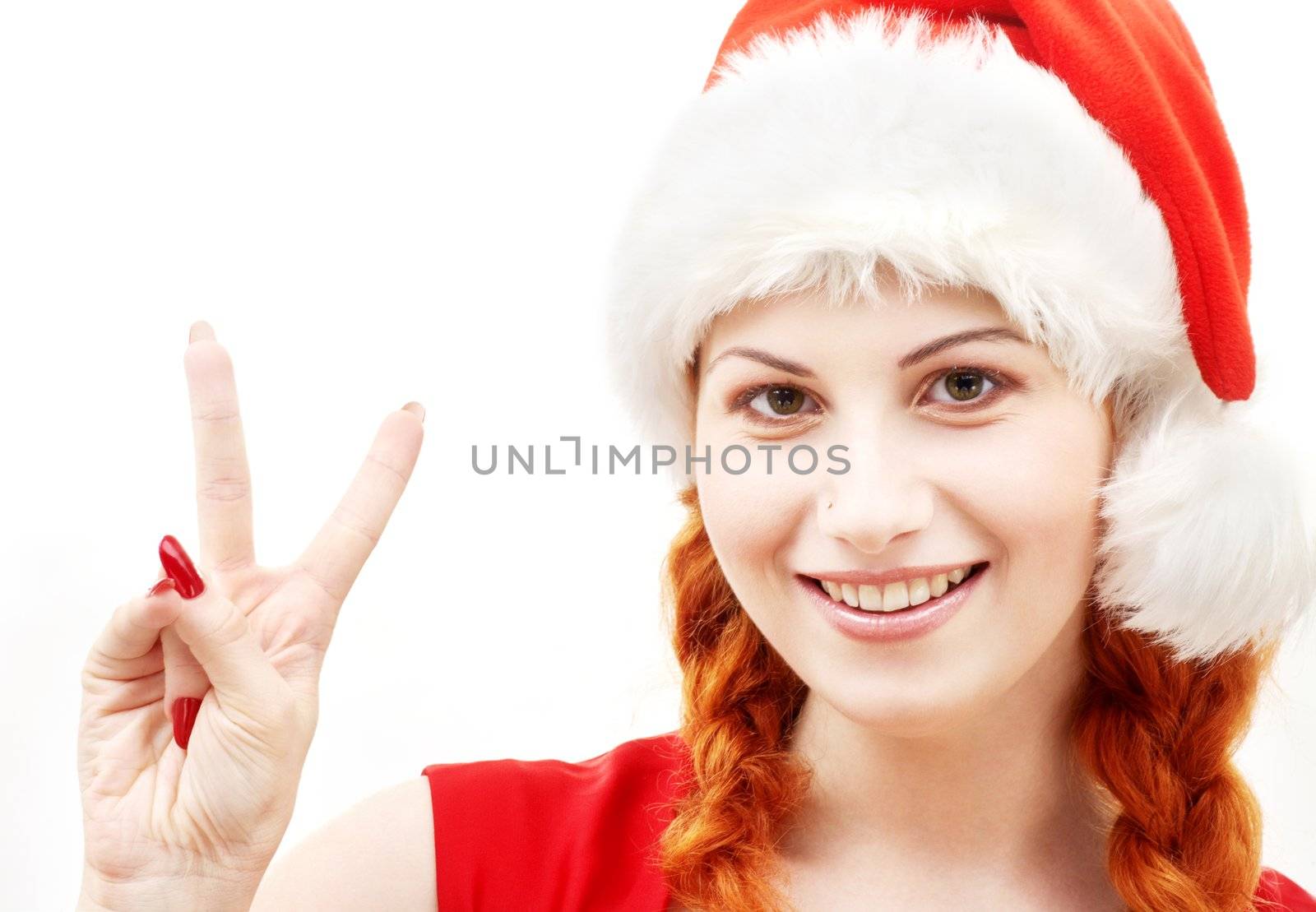 happy santa helper showing victory sign over white