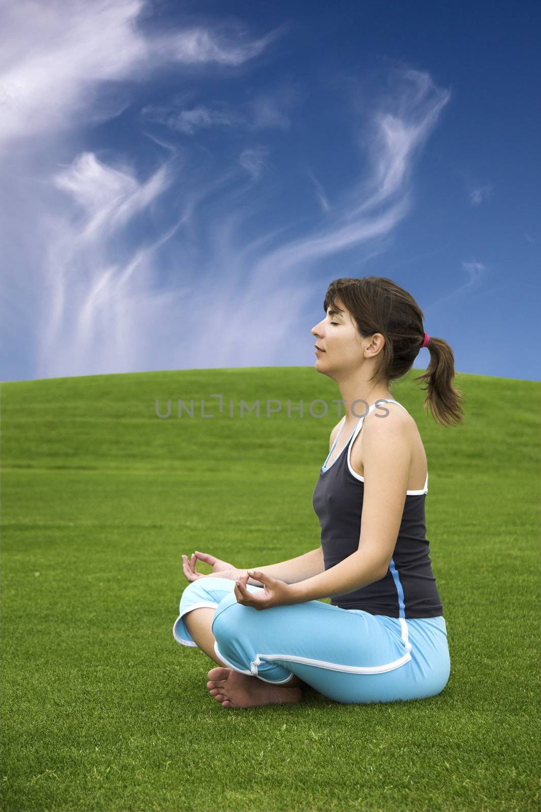 Beautiful athletic woman making yoga on a beautiful green meadow