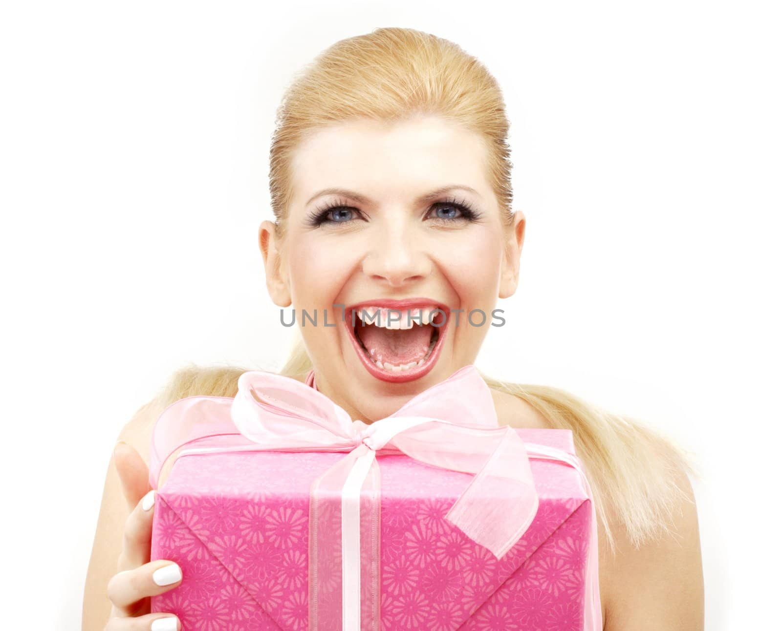 lucky blond with big pink gift box over white