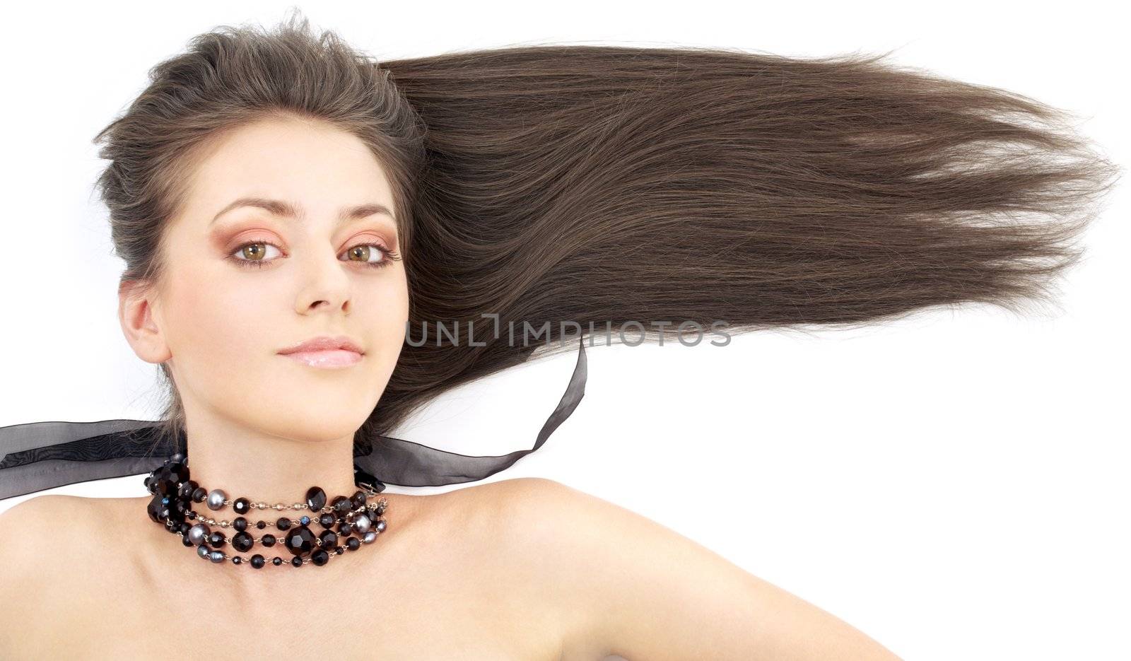 portrait of lovely brunette in black collar