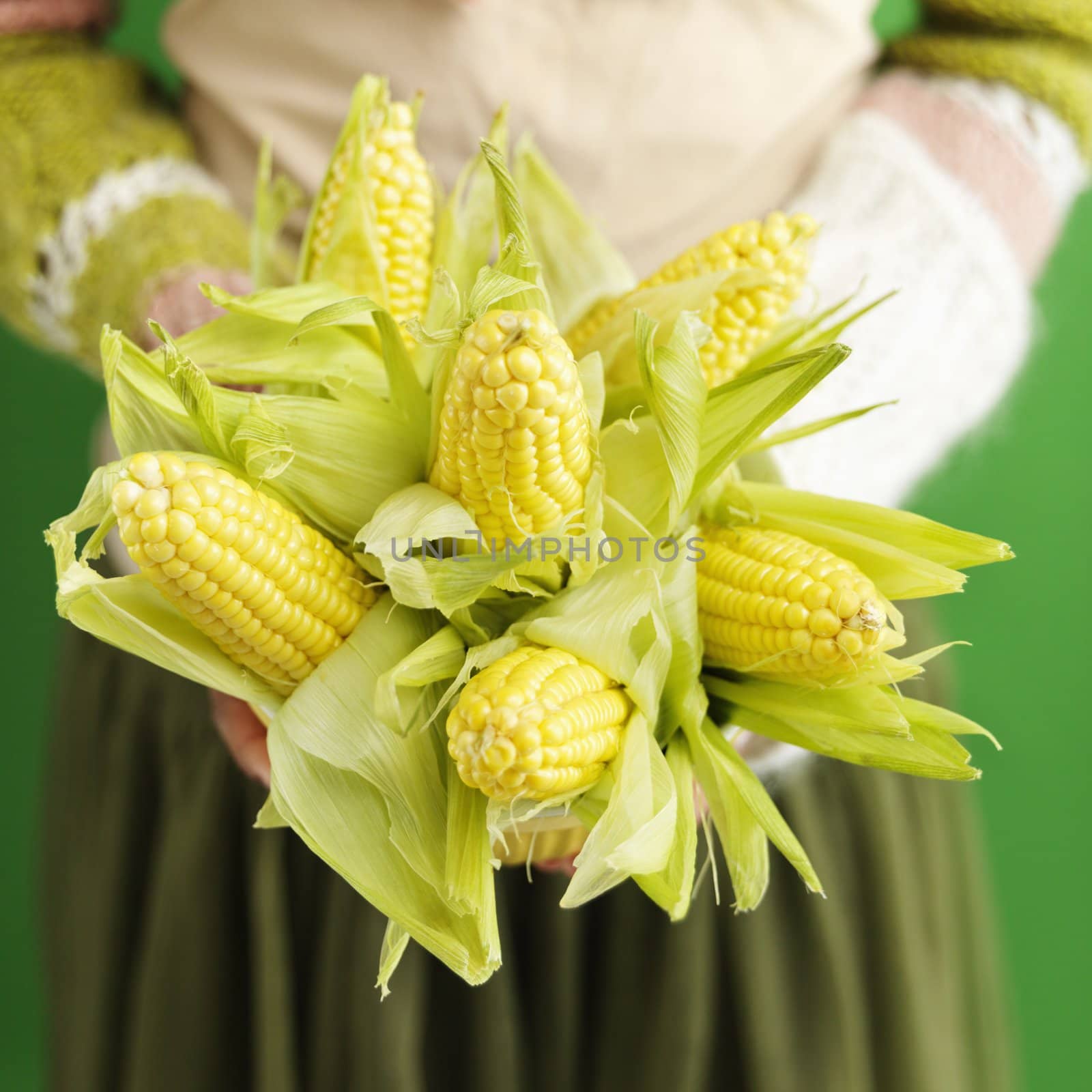 Woman holding bouquet of ears of corn.
