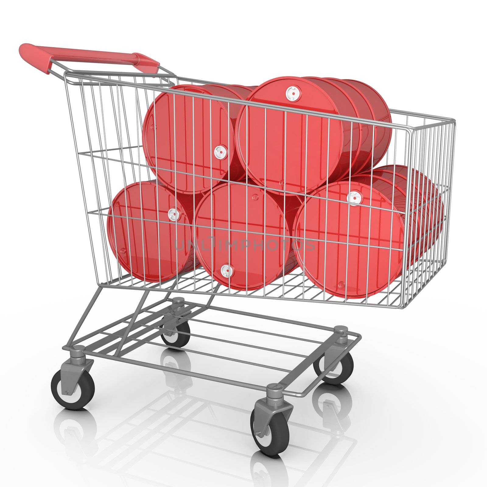 Buying oil - shopping cart containing red oil barrels. 3D rendered image.