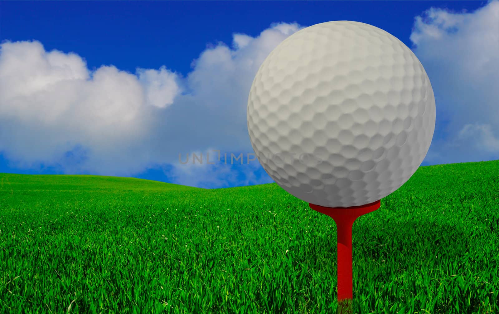 Beautiful golfers view vith golfball on peg and perfect green grass and blue sky