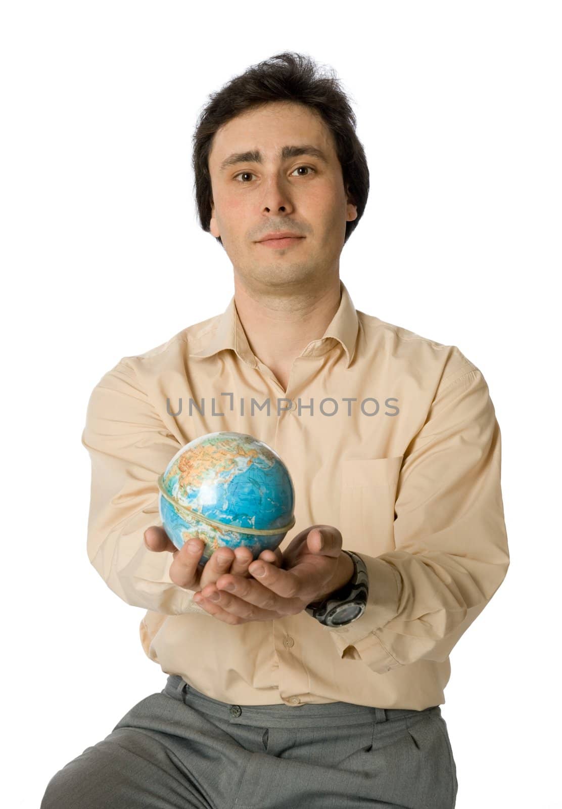 An isolated photo of a man with a globe