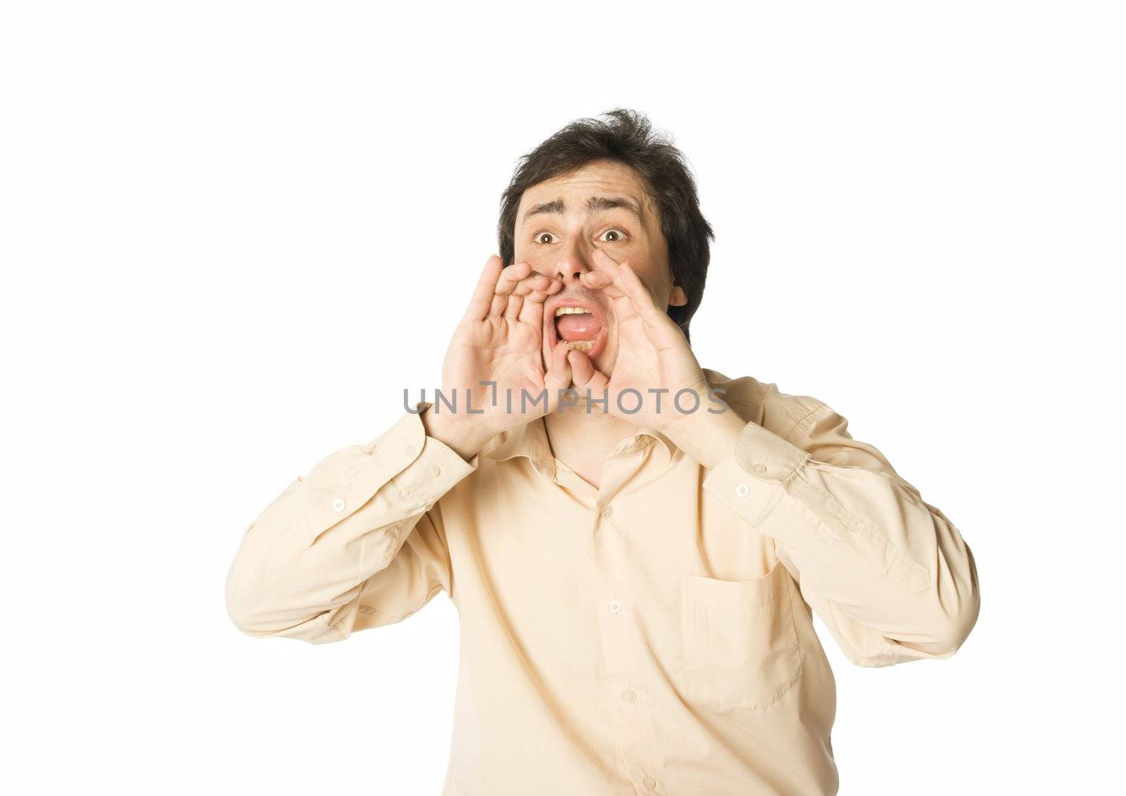 Man shouting, hands near his mouth, over white