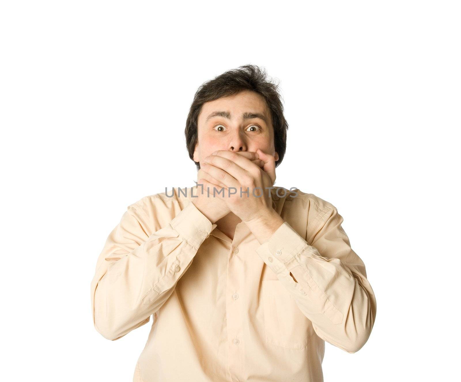 Man covering his mouth with hands, white background