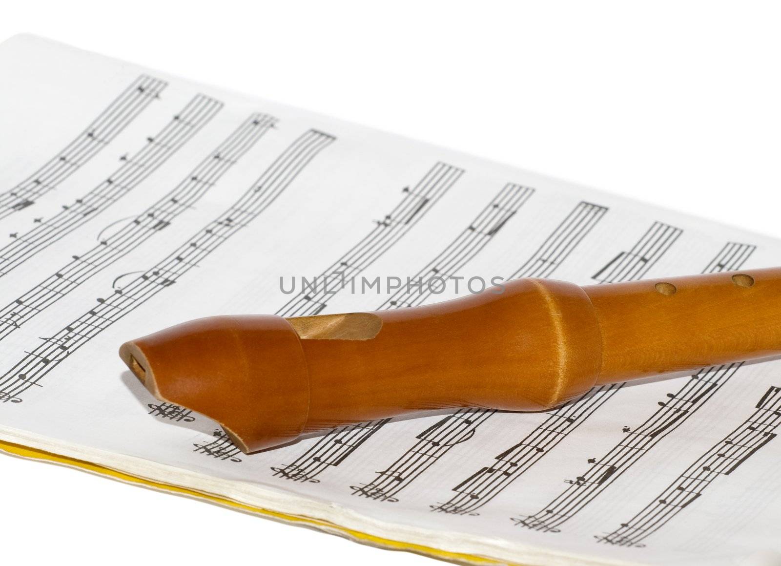 A soprano recorder on a sheet music