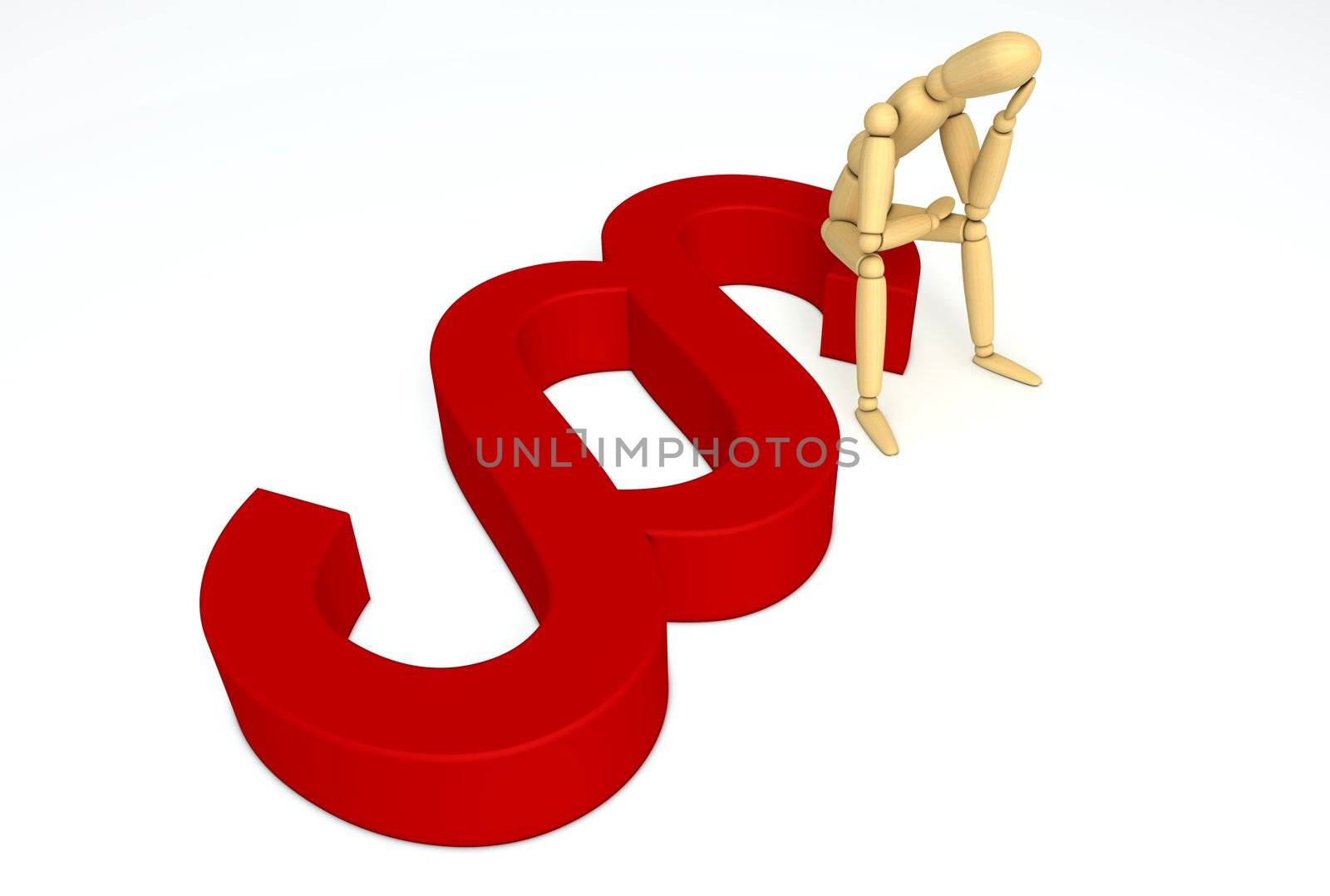 lay figure sitting thinking on red paragraph symbol