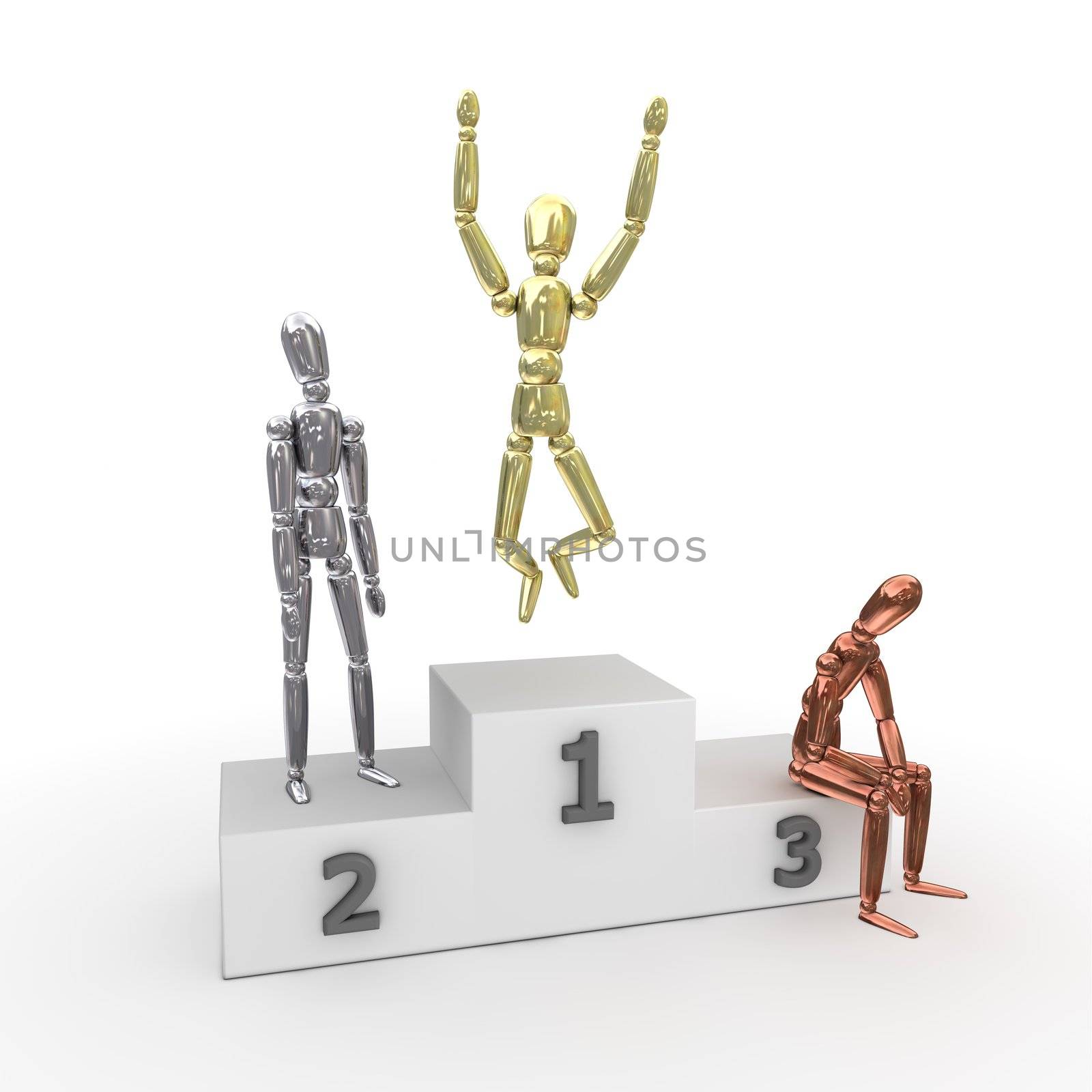 winner guy waving, second and third disappointed on a victory podium - gold, silver, bronze