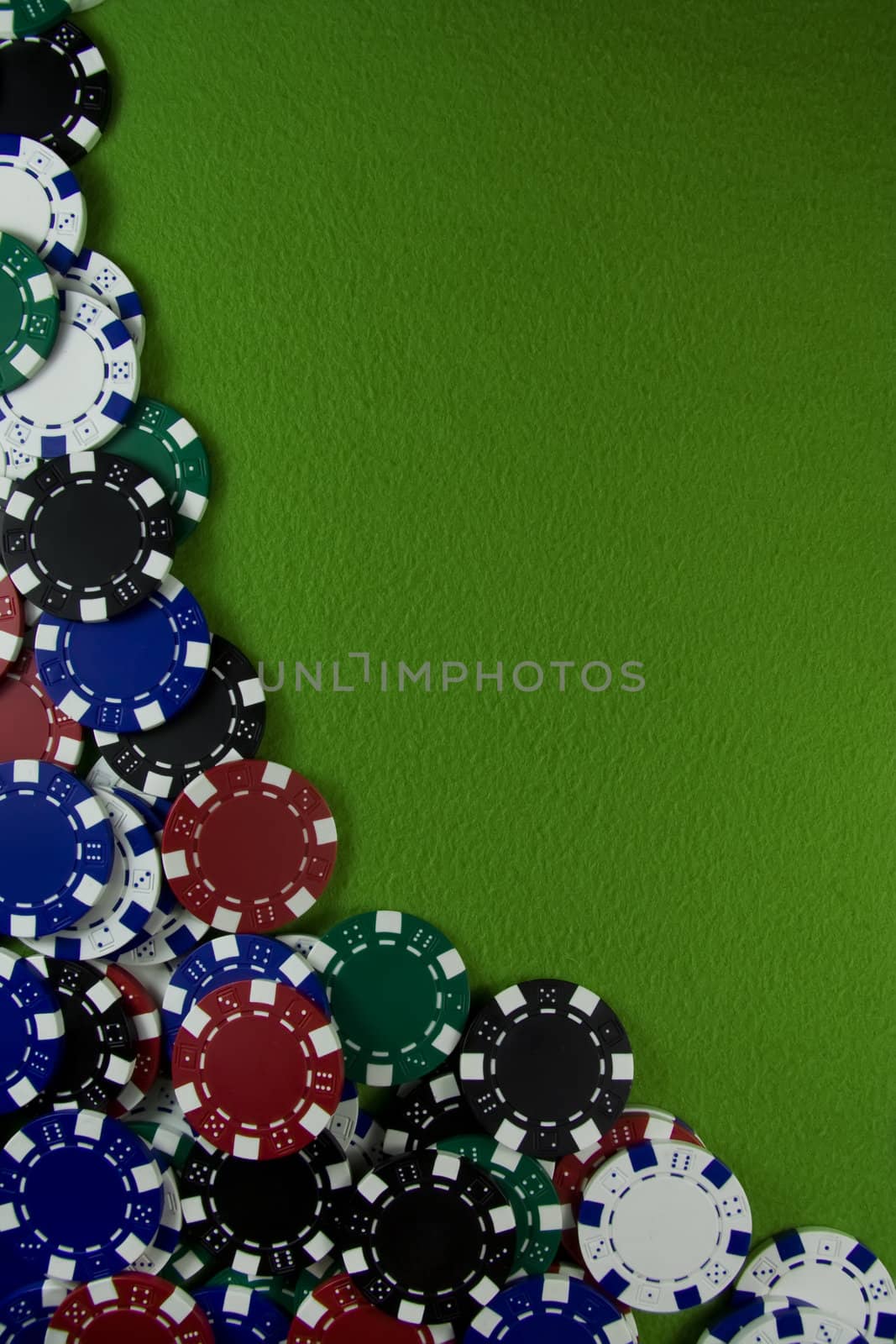 Casino poker chips blue red green white black