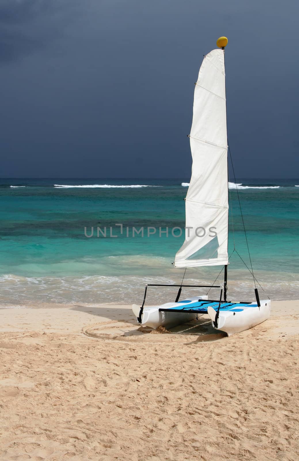 A small tropical catamaran, sitting on the beach.