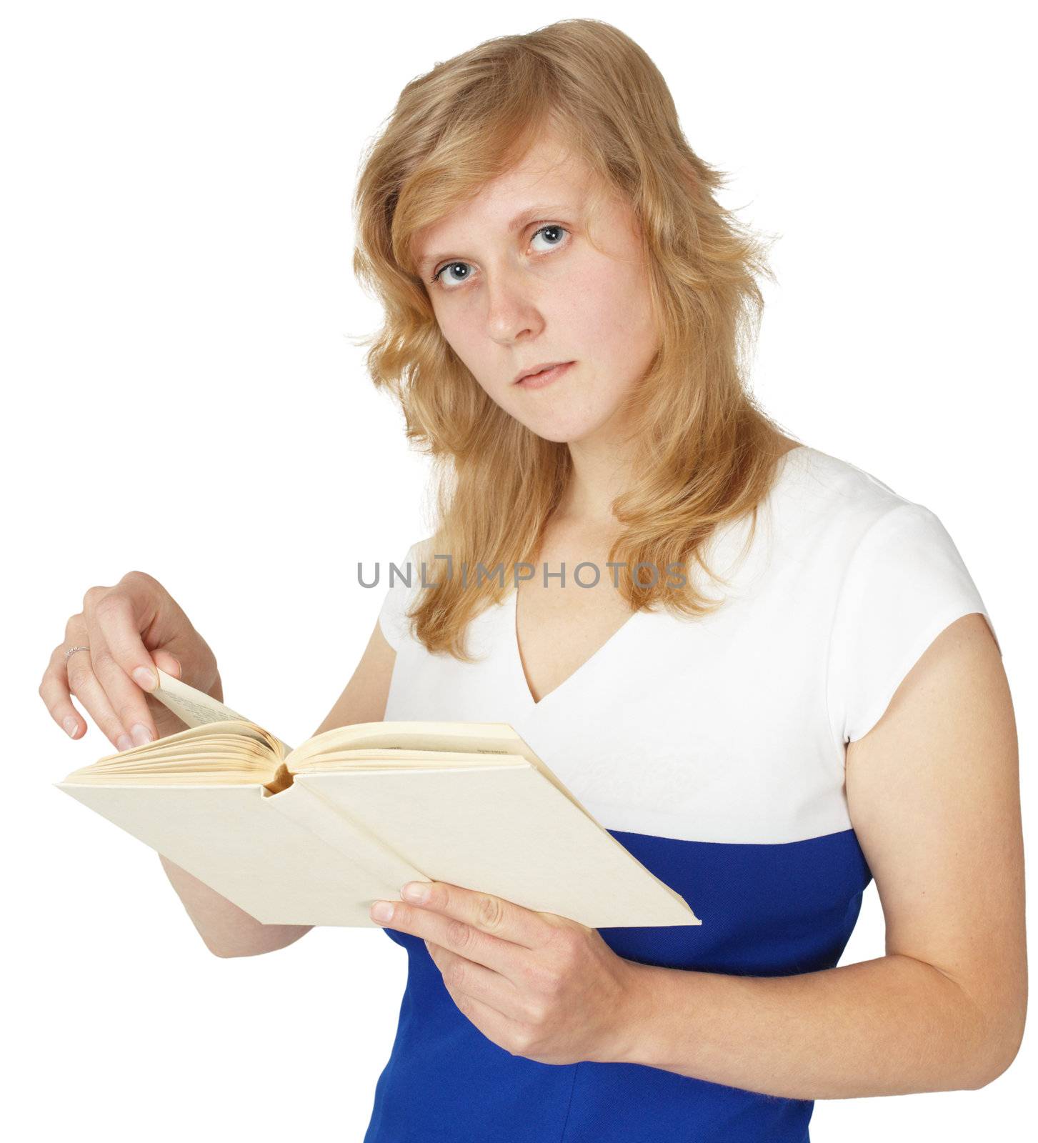 A girl reads a book isolated on a white background