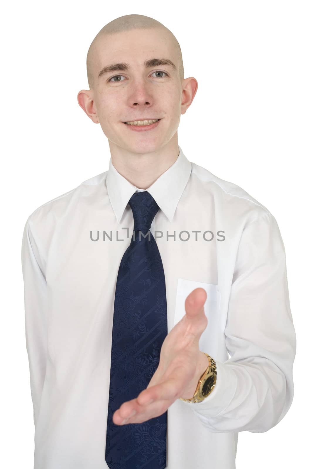 Business man with an open hand ready to seal a deal