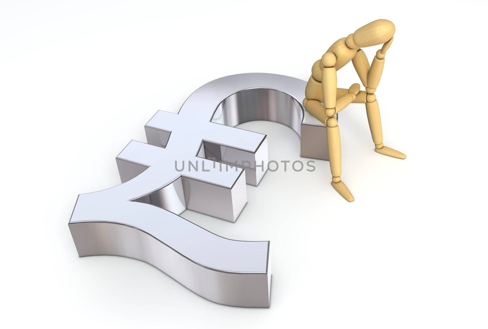 lay figure sitting thinking on lira symbol (turkey, lebanon, jordan, syria)