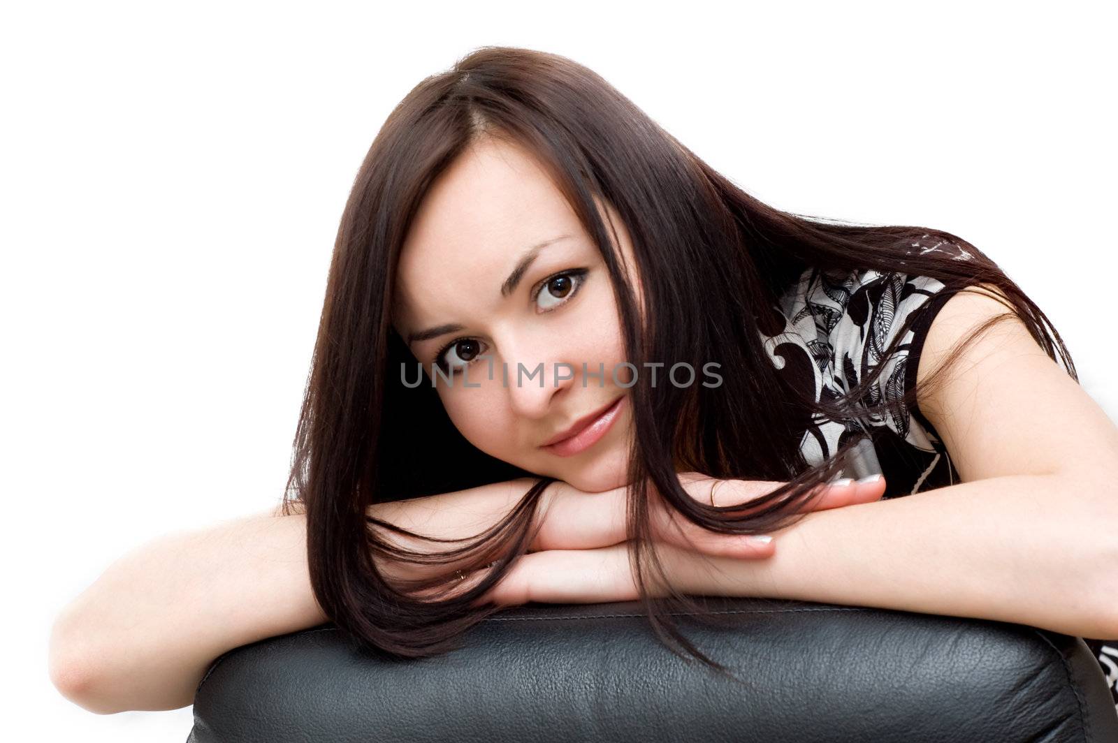 pretty woman sitting in chair over white