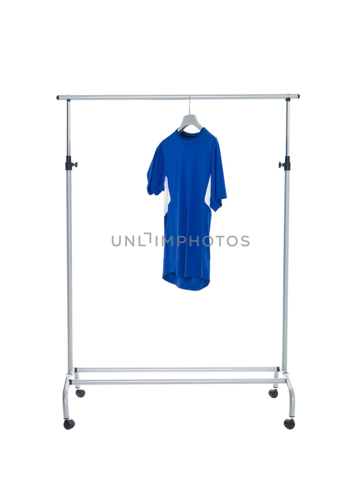 Lonely blue shirt on a Dress Rack isolated on white background