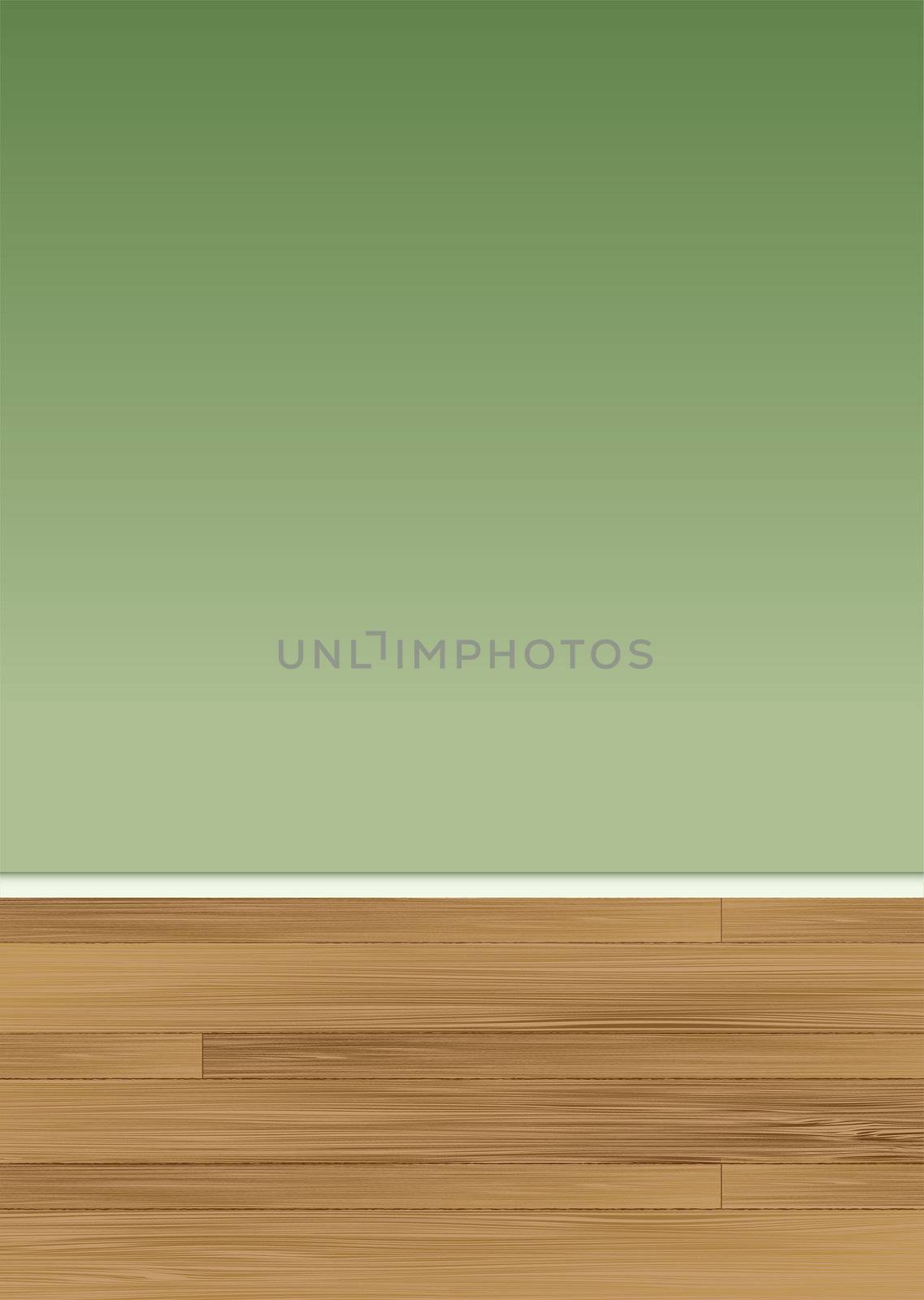 View of a wooden floor with a blank green wall and skirting board