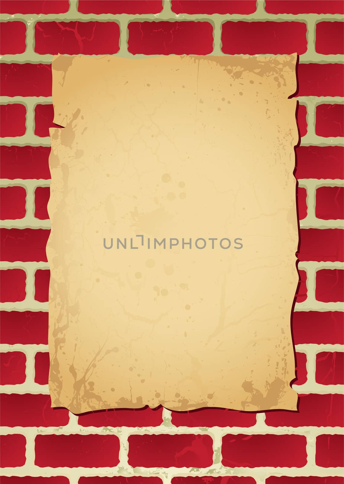 Paper poster on parchment attached to a brick wall with shadow