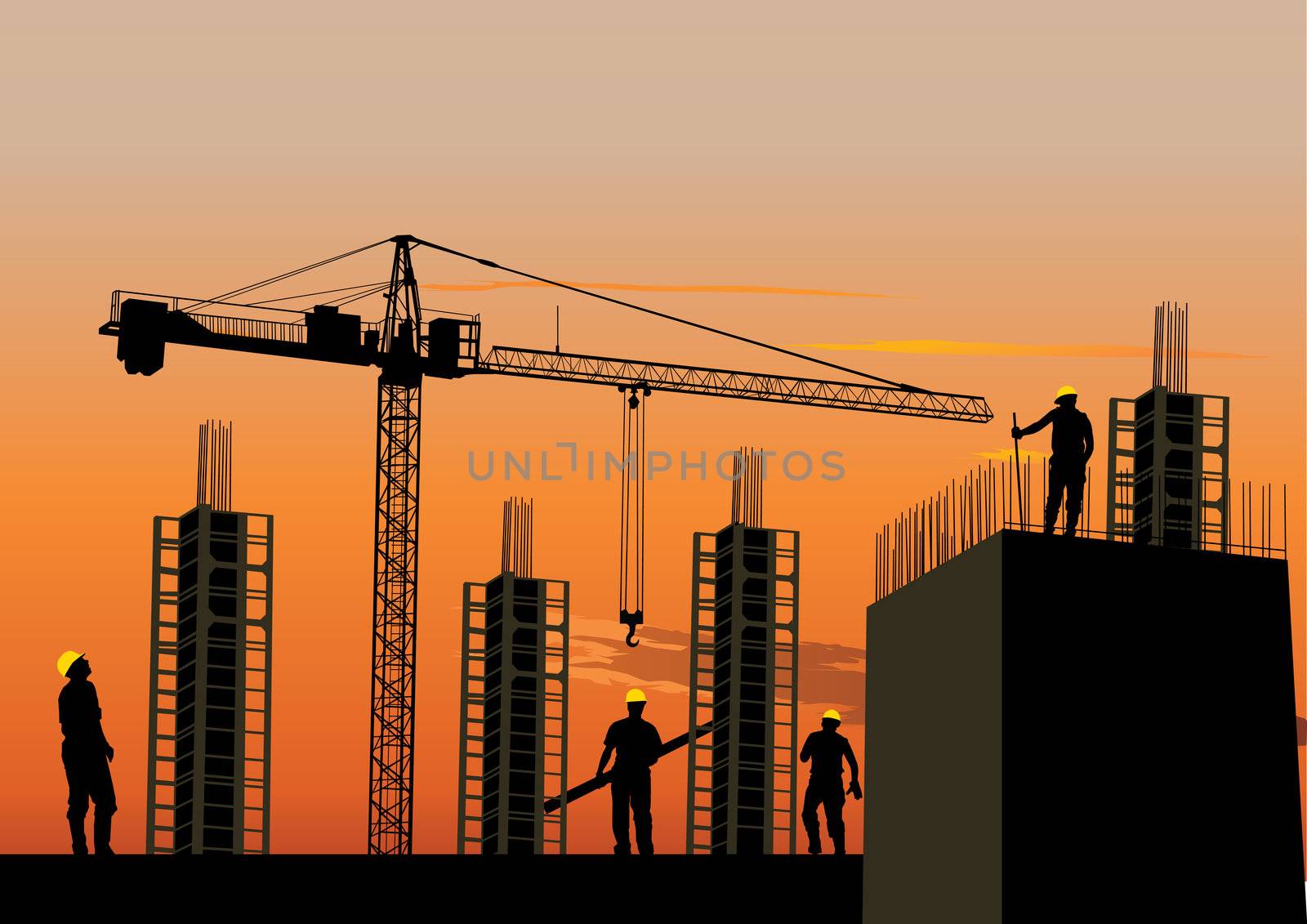 Silhouette of construction site with workers and scaffolding at sunset sky