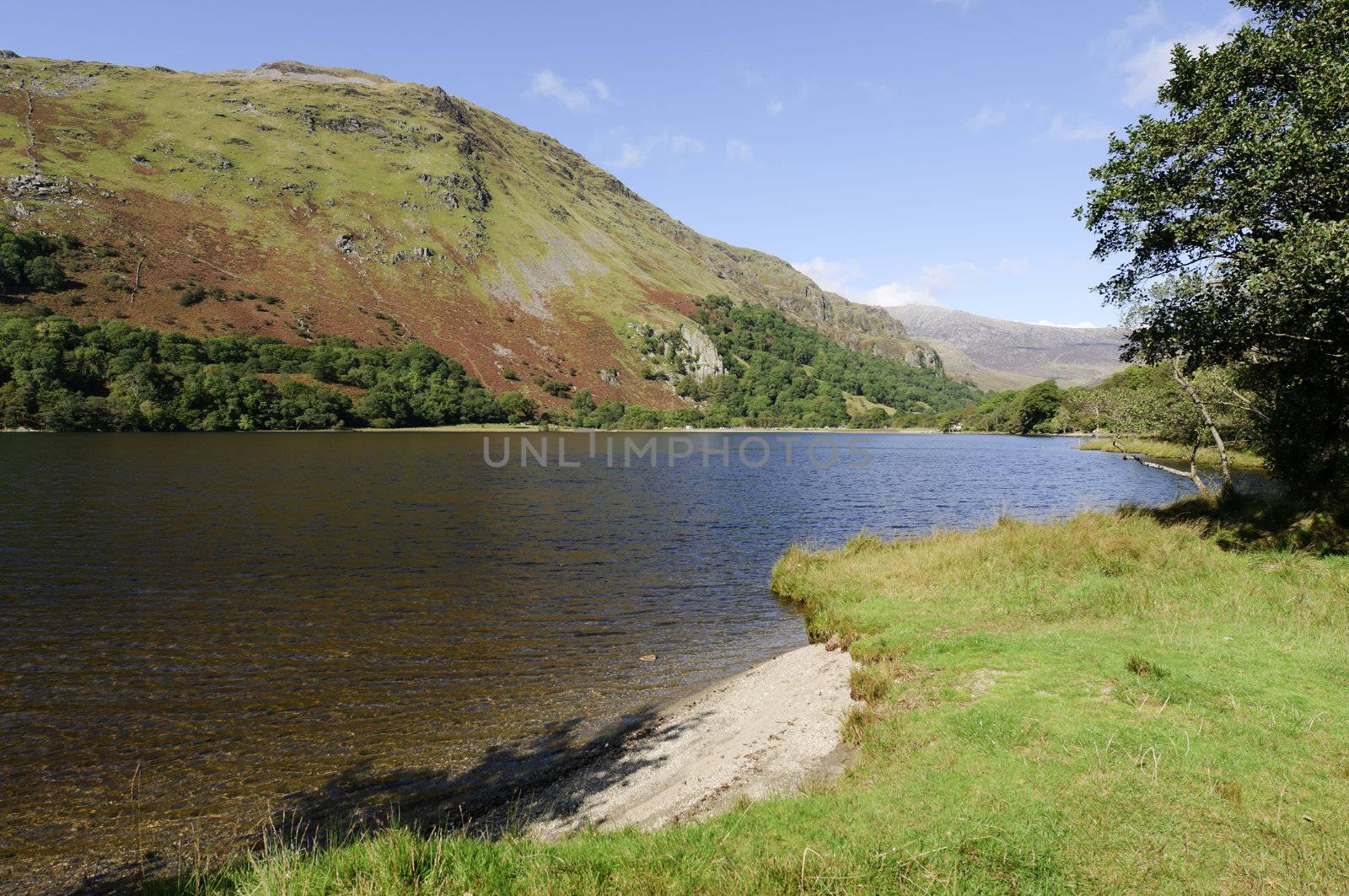 View of Llyn Gwynant in Snowdonia National Park Gwynedd North Wales