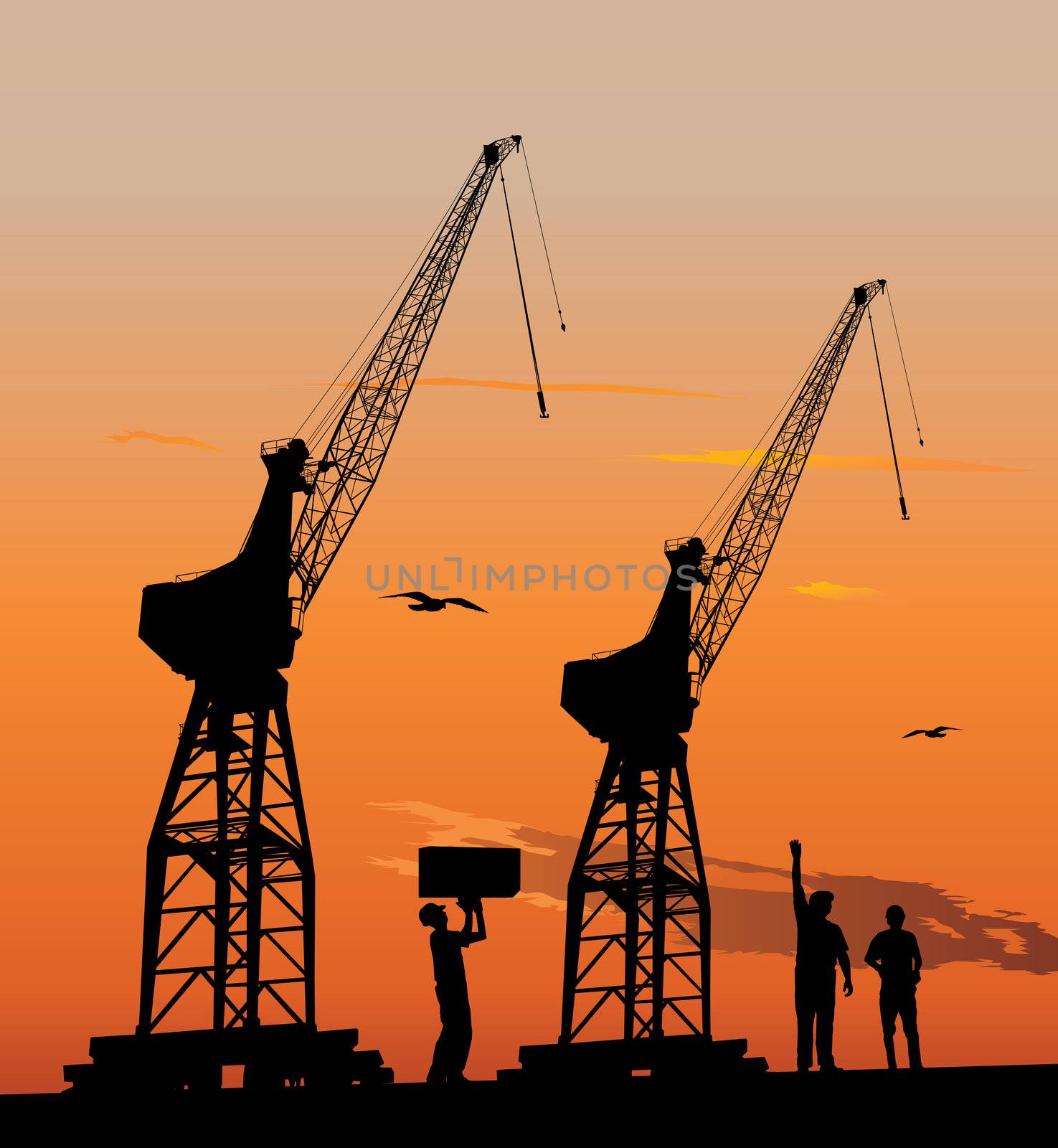 Silhouette of harbour workers and port cranes at sunset sky