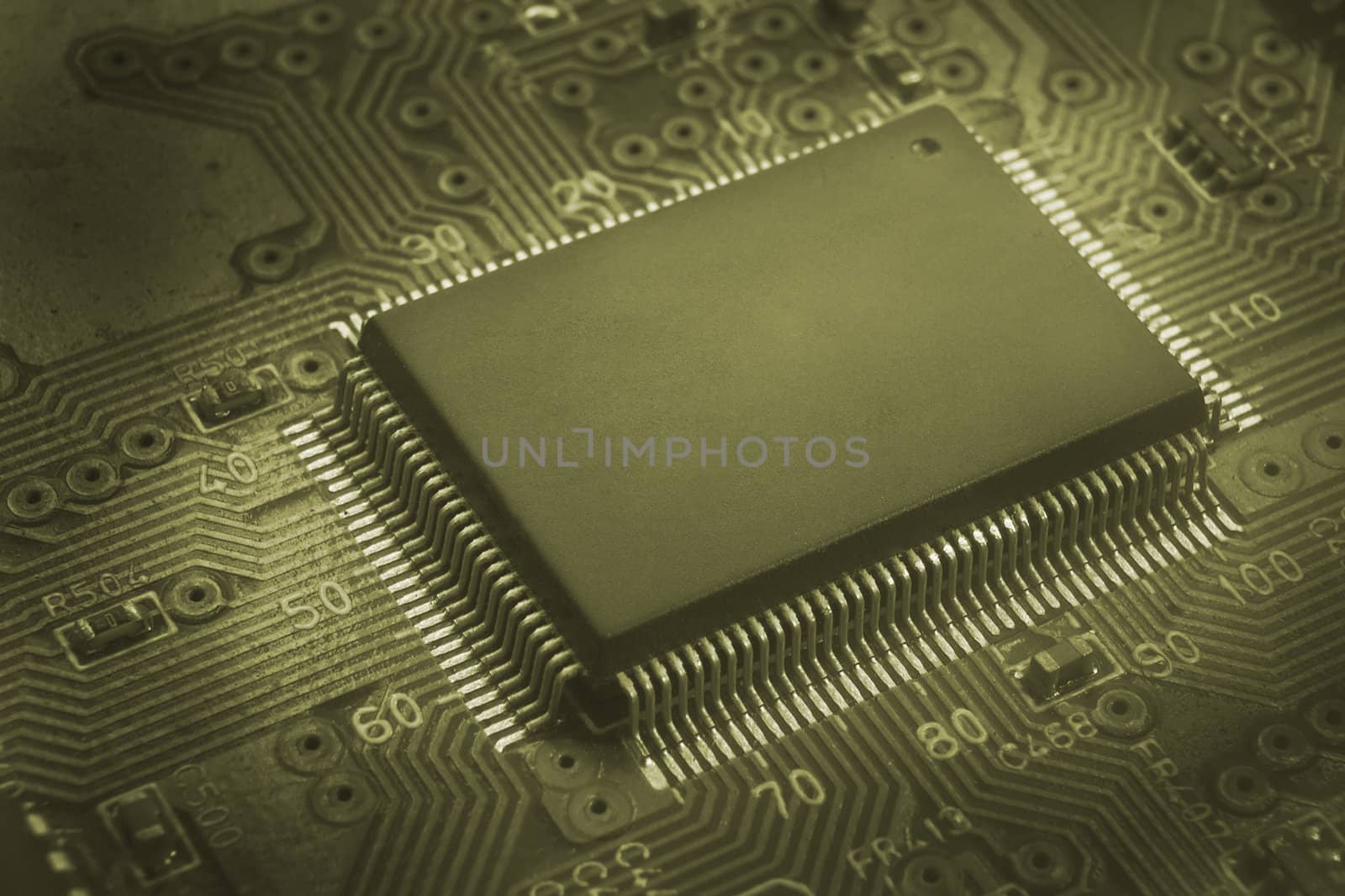 Microcircuit on a circuit, a photo close up, and colorize