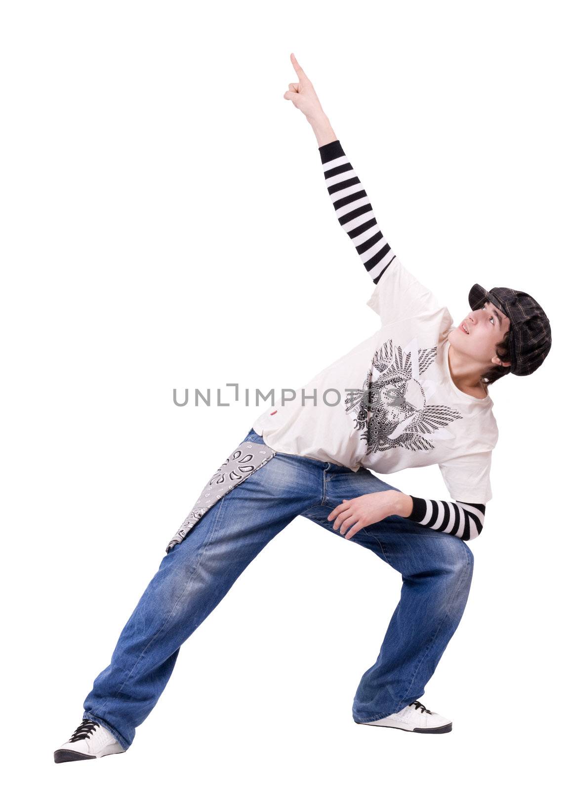 Teenage boy dancing Locking or Hip-hop dance on isolated background. His look up and raise his hand with finger for show something.