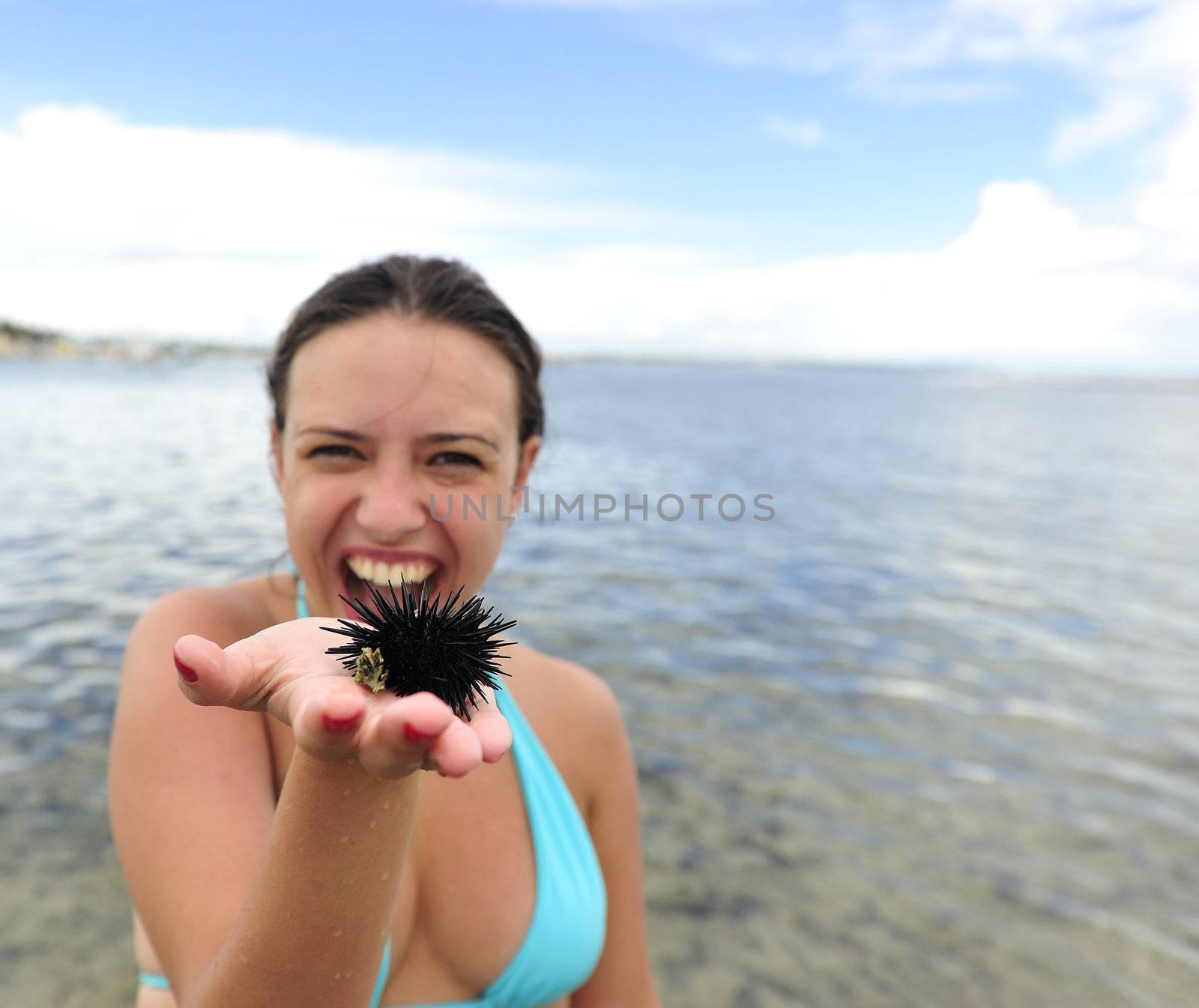 Woman holding an urchin on the beach in Brazil
