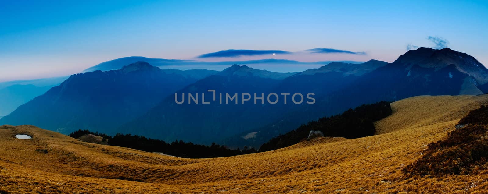 Beautiful panorama mountain landscape with golden grassland in morning.