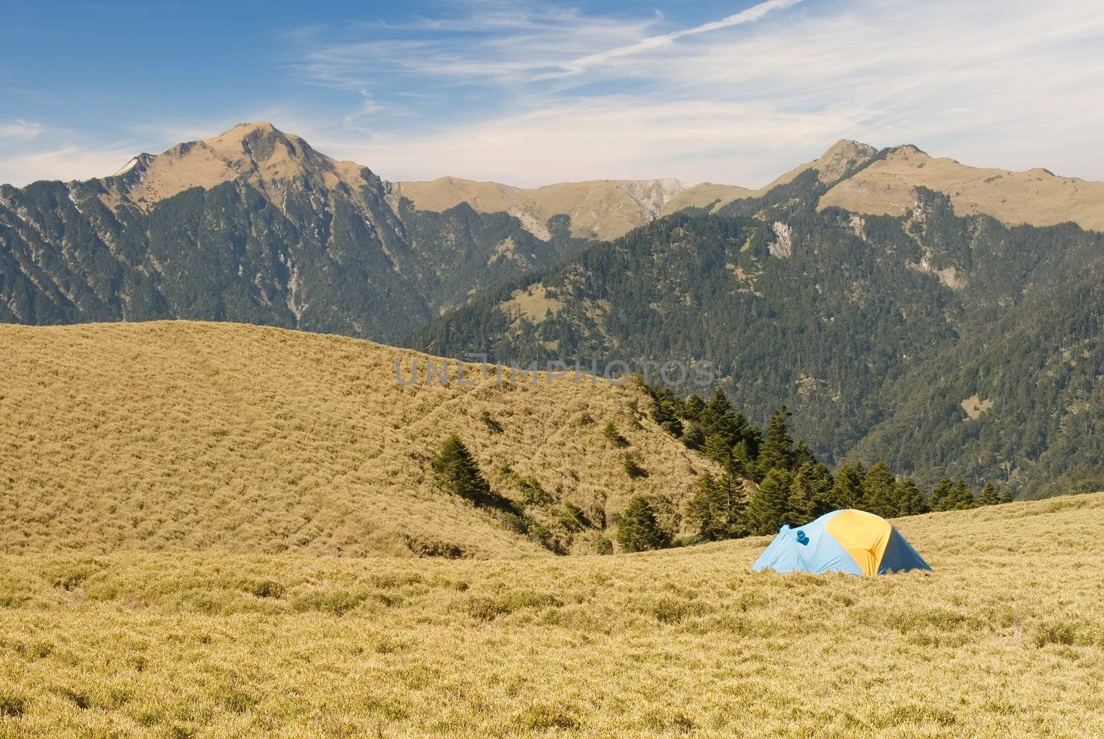 Special tent set on the grassland of high mountain.