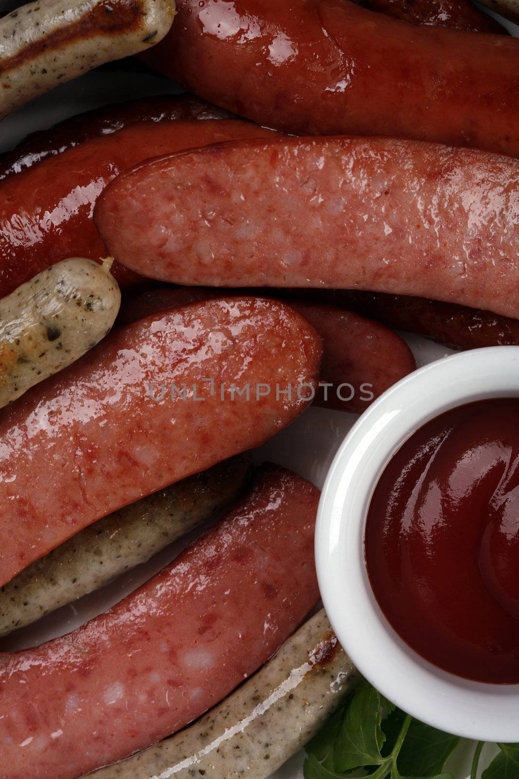 set of sausages with ketchup