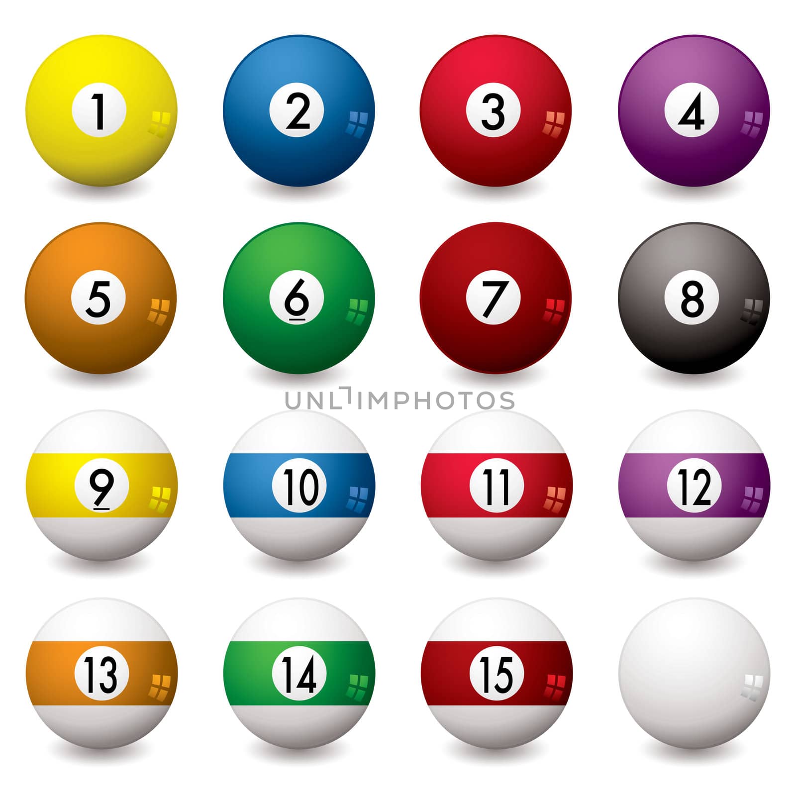 Collection of pool balls numbered from one to fifteen with shadow