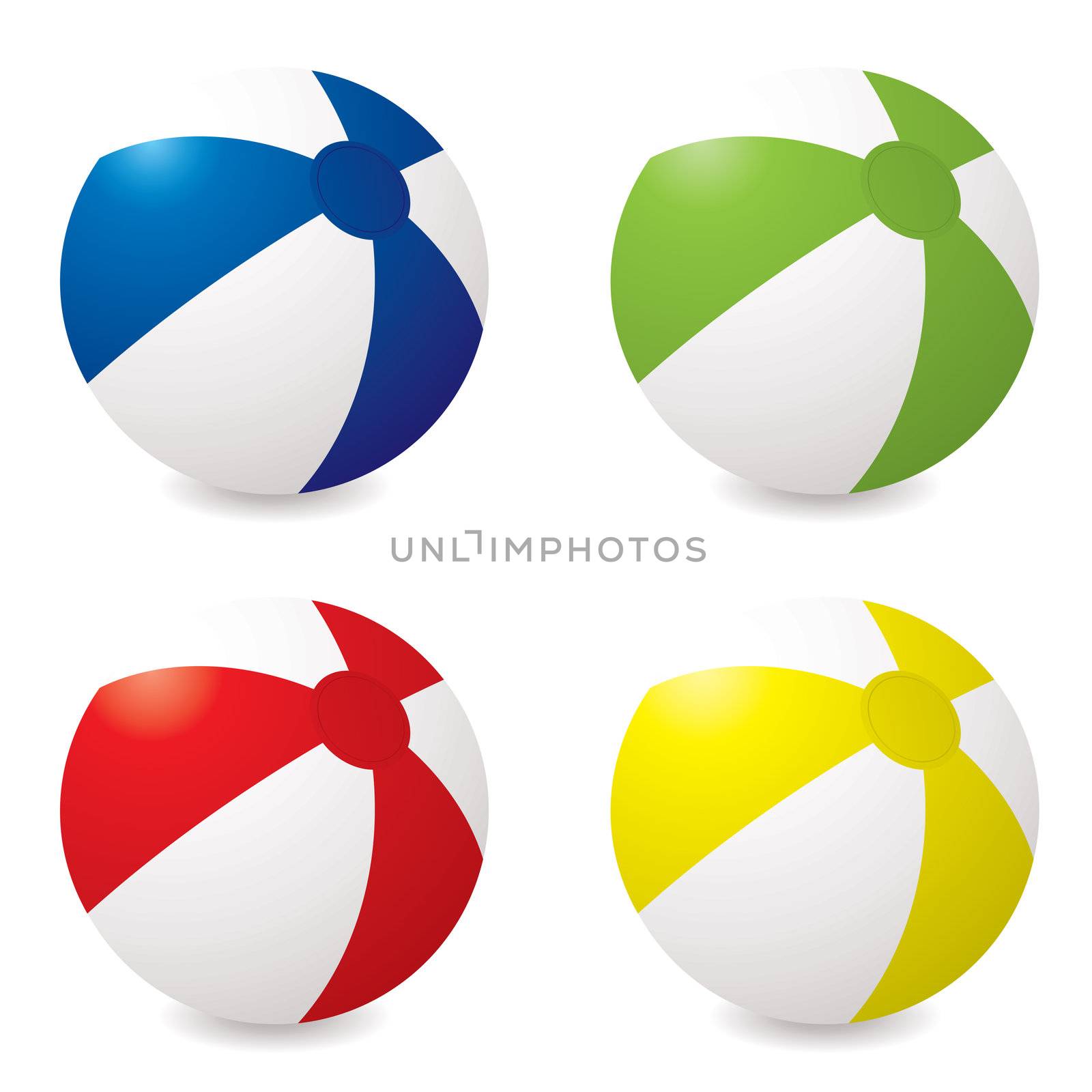 Collection of four different coloured beach balls with drop shadow