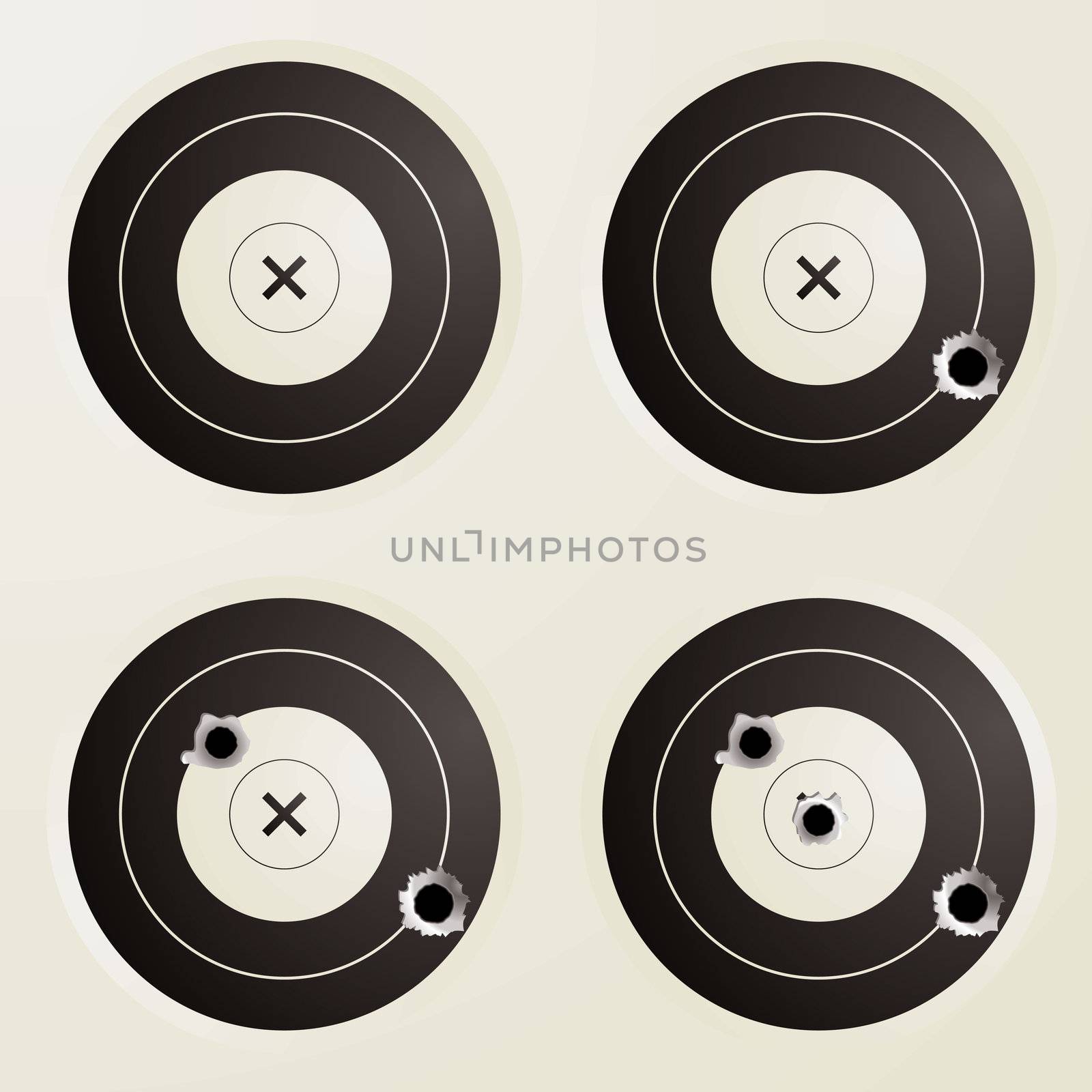 Collection of four targets with increasing amounts of bullet holes