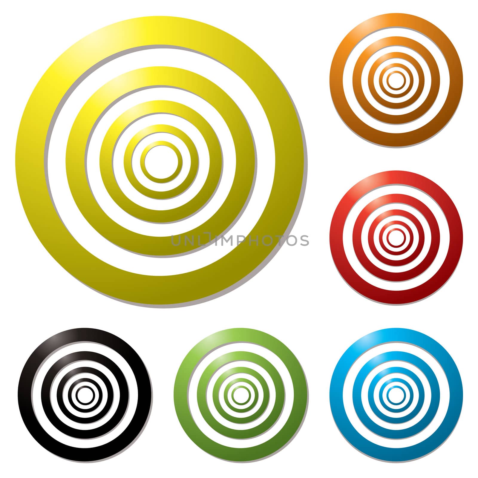 Collection of six colourful targets with drop shadow