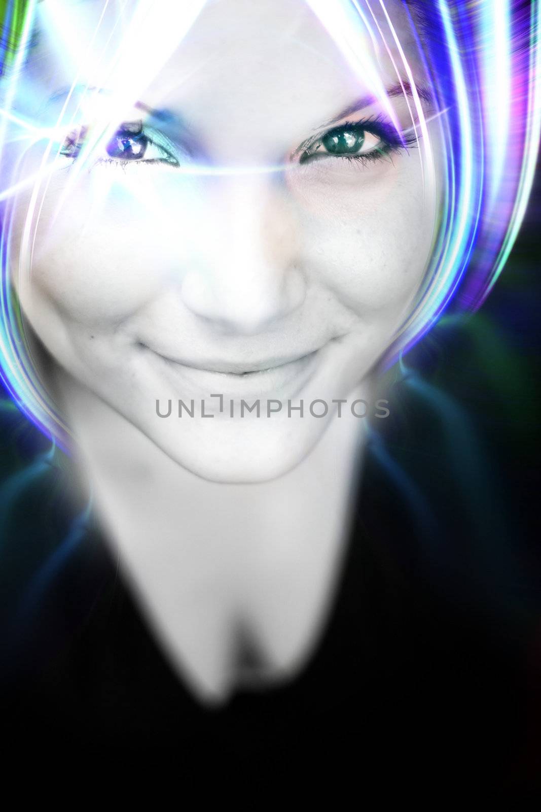 An abstract woman with glowing plasma like hair.