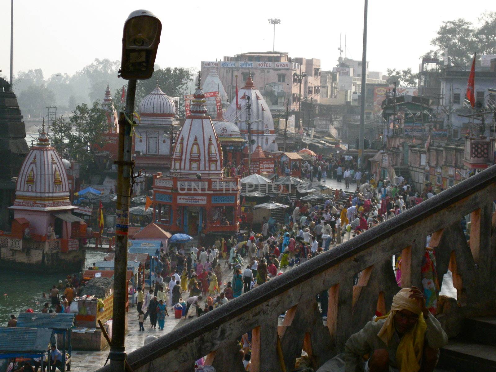A view down on to the Temples of the Haridwar Ghats