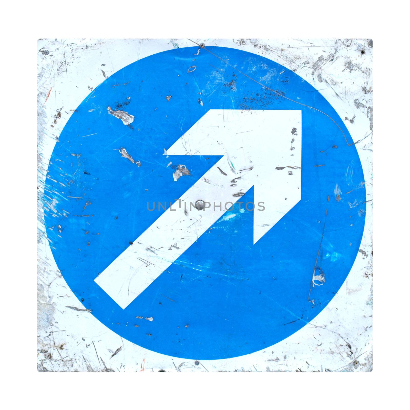 Direction sign with white arrow over blue background