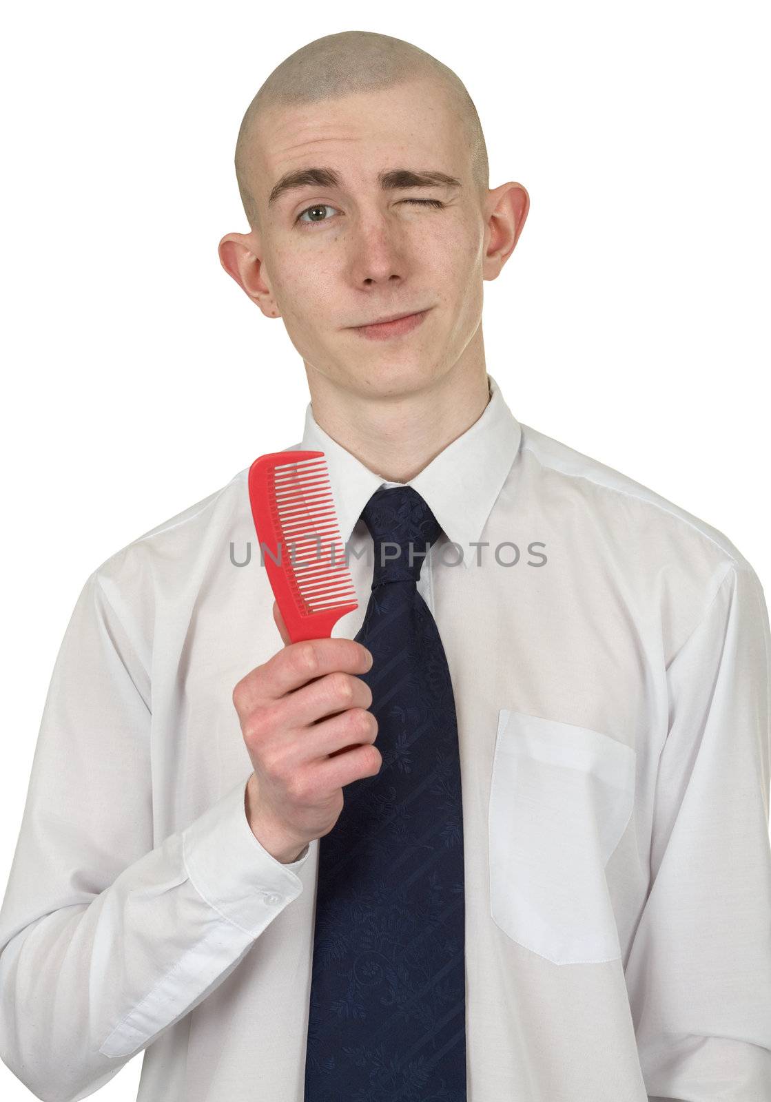 Absolutely bald guy with a hairbrush in a hand