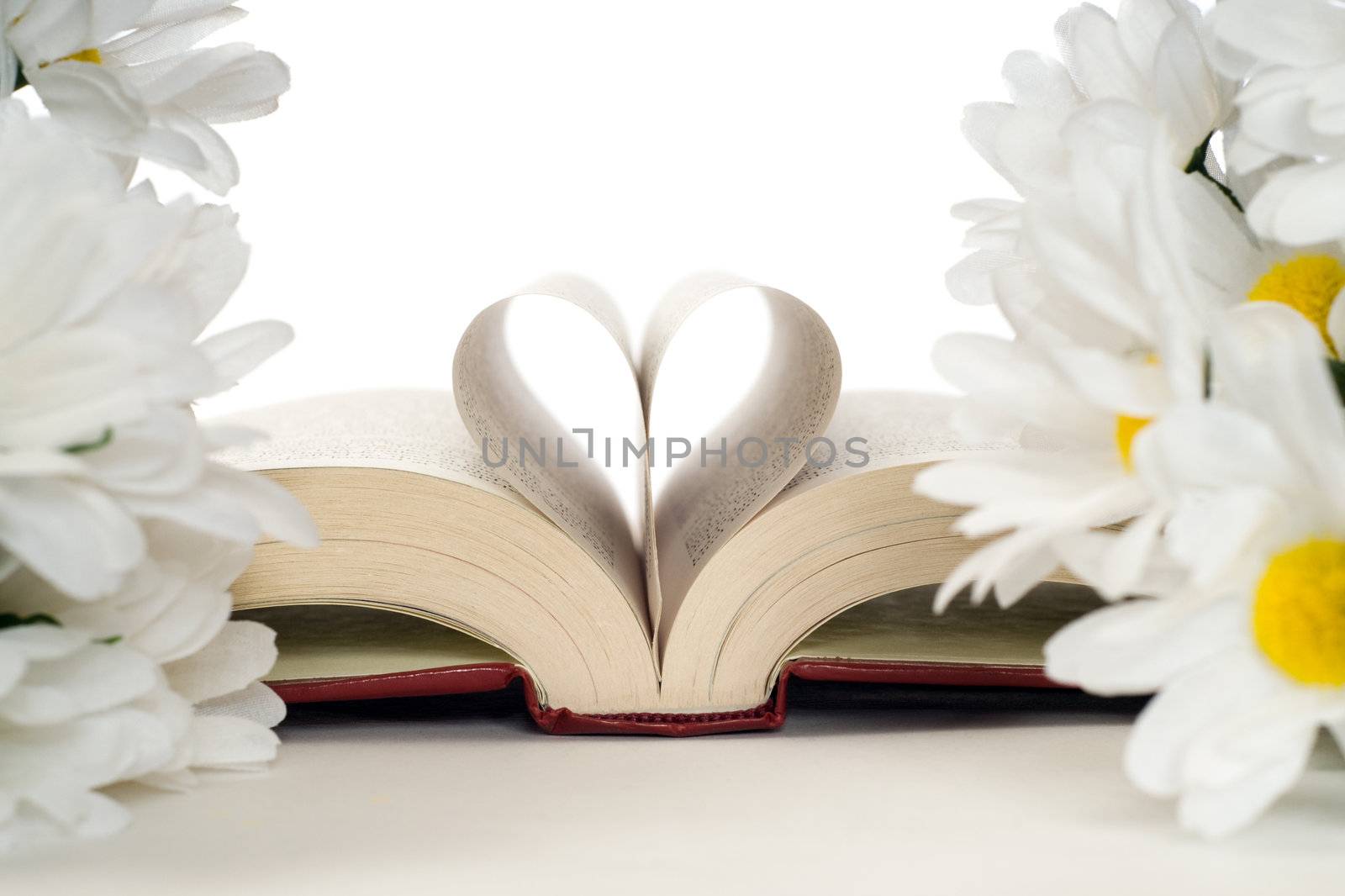 A romance novel with artificial daisies and a heart made with the pages