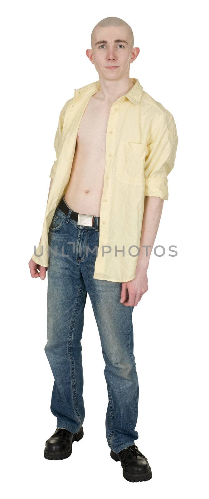 The bald punk in jeans and a shirt