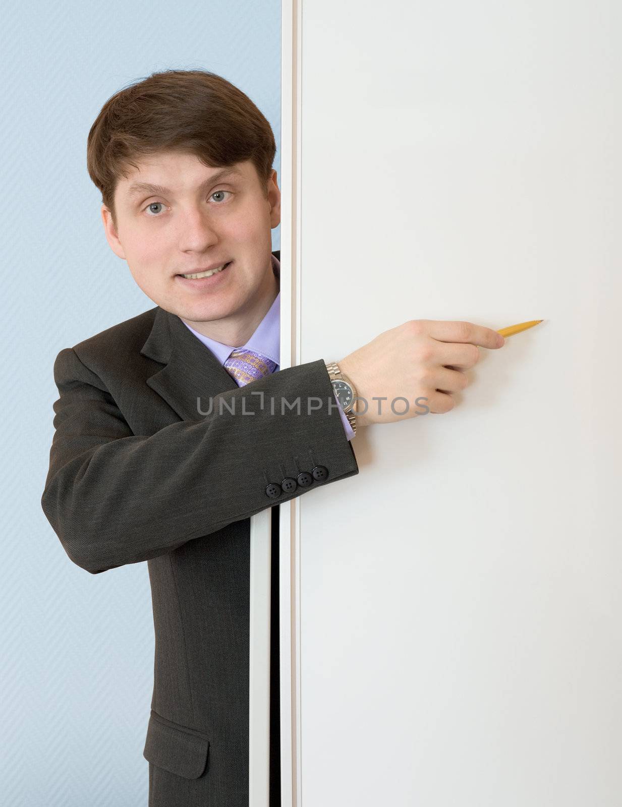 The man show in an blank white board